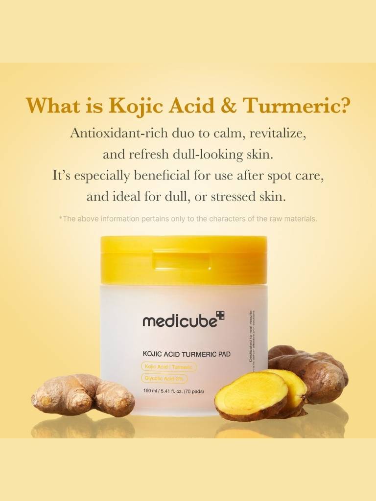 Medicube Kojic Acid Turmeric Pad with turmeric roots on a yellow background