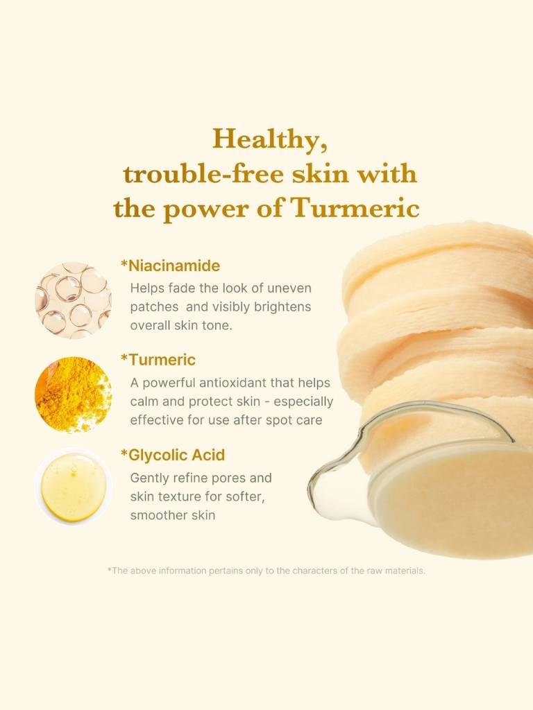 Cosmetic product with text about using turmeric for healthy skin on a white background