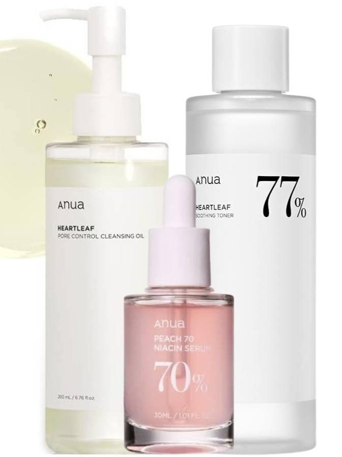 Set of skincare products including cleansing oil, serum, and toner with 'Anua' branding on a white background.