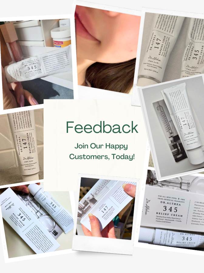 Collage of skincare products with a call to action for feedback.
