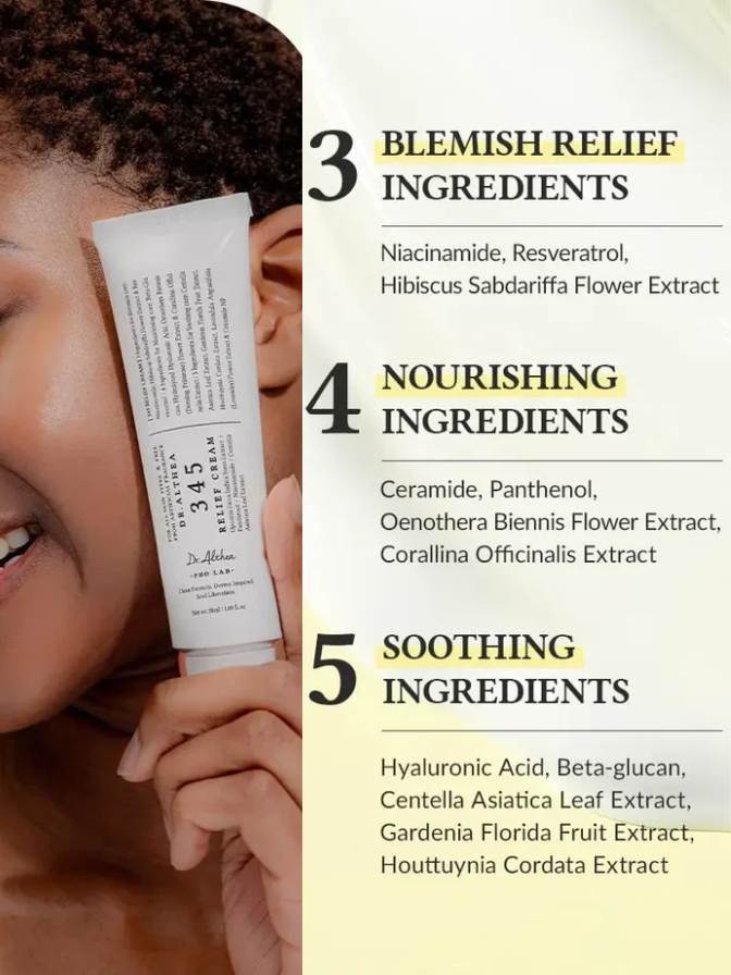 Product with blemish relief, nourishing, and soothing ingredients listed on a white background.