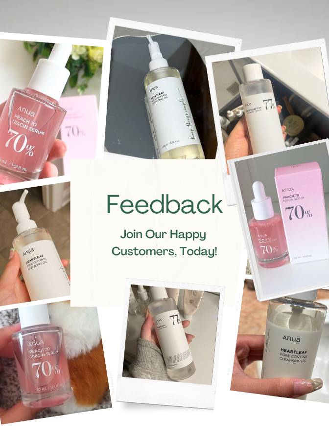 Cleansing Oil, Niacinamide Serum & 77% Soothing Toner Set of skincare product bottles with a call to action for feedback.