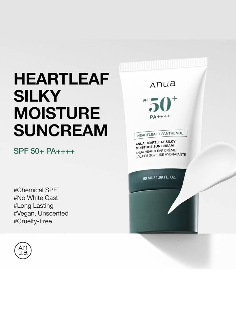 Anua Heartleaf Silky Moisture Suncream SPF 50+ PA++++ on a light gray background