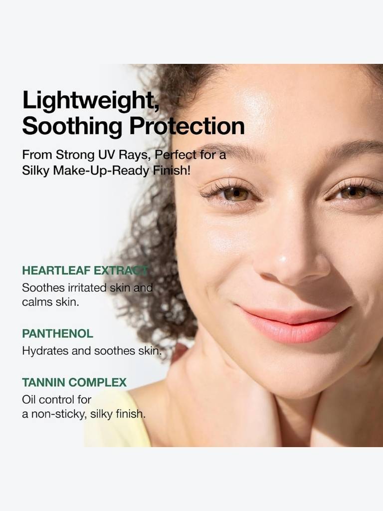 Advertisement for skincare product with a woman's face and text about UV protection and ingredients.