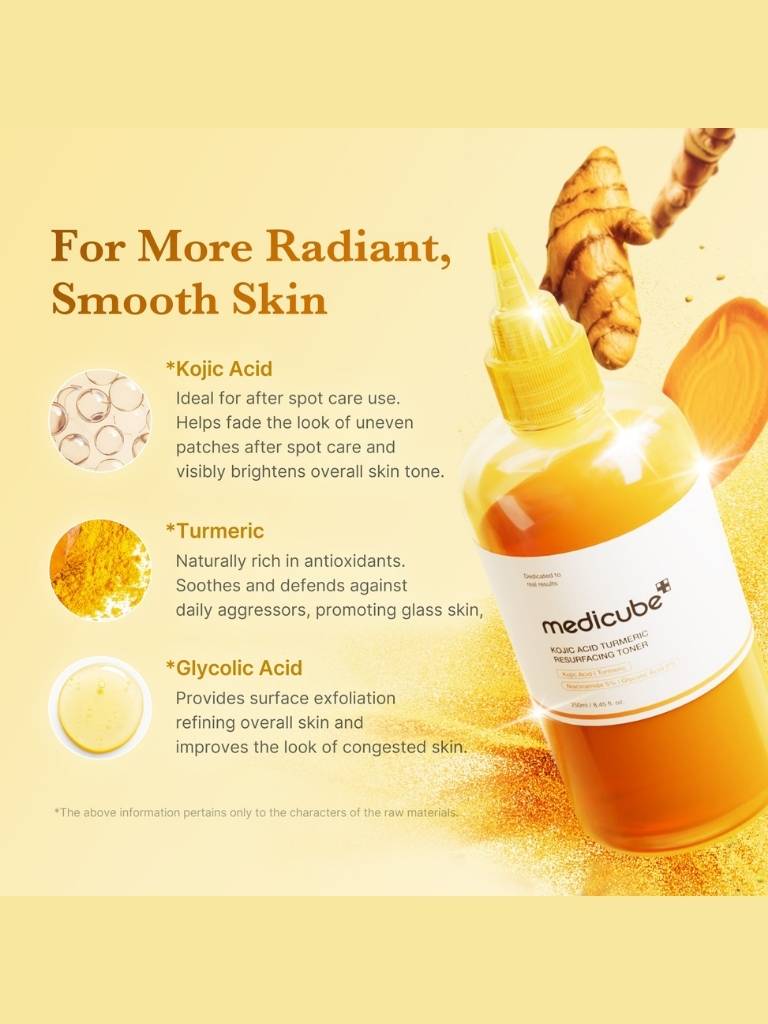 Medicube skincare product with turmeric and kojic acid text on a yellow background