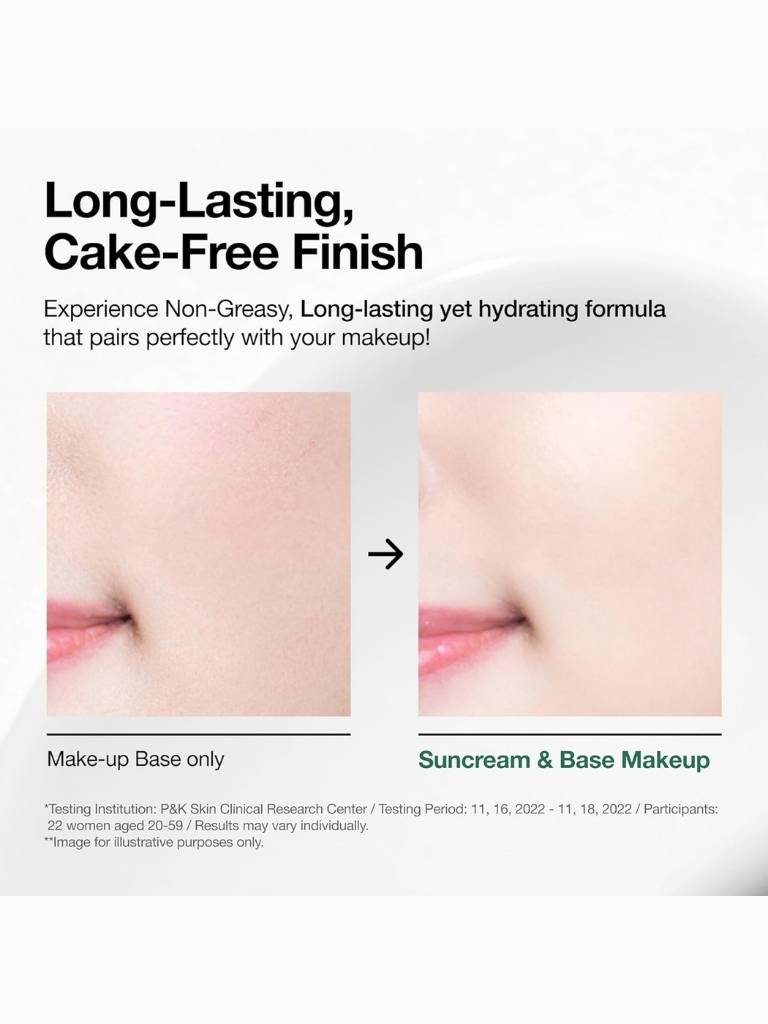 Before and after comparison of makeup base and sunscreen with base makeup on a white background.