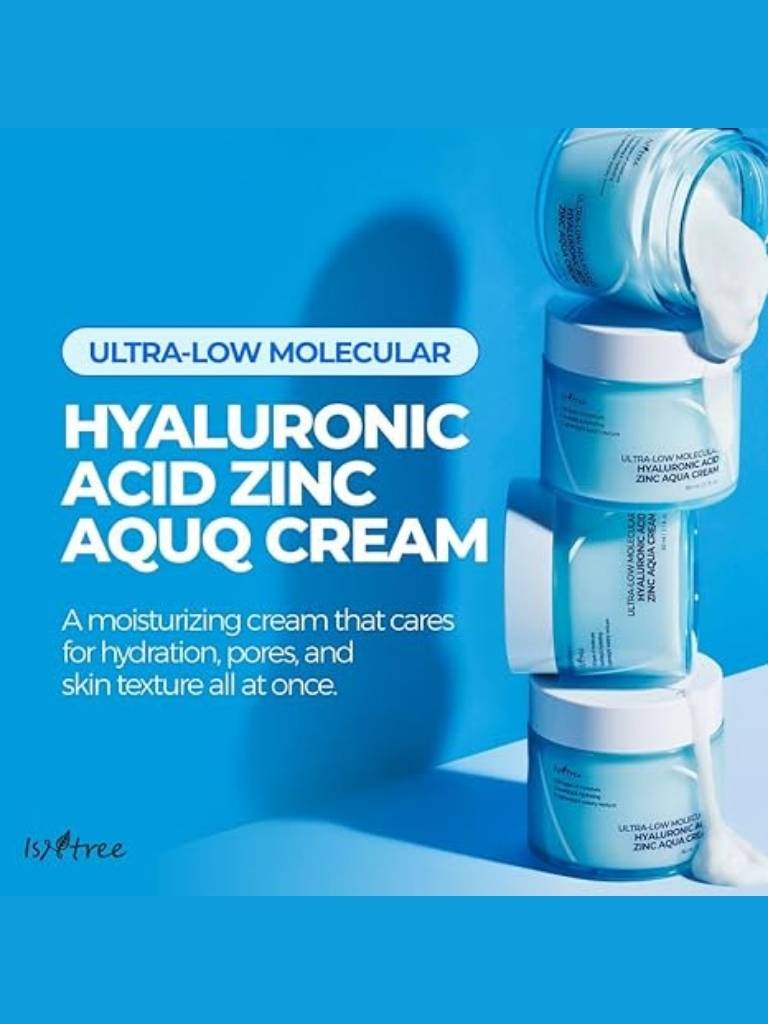 Hyaluronic Acid Zinc Aquq Cream packaging on a blue background