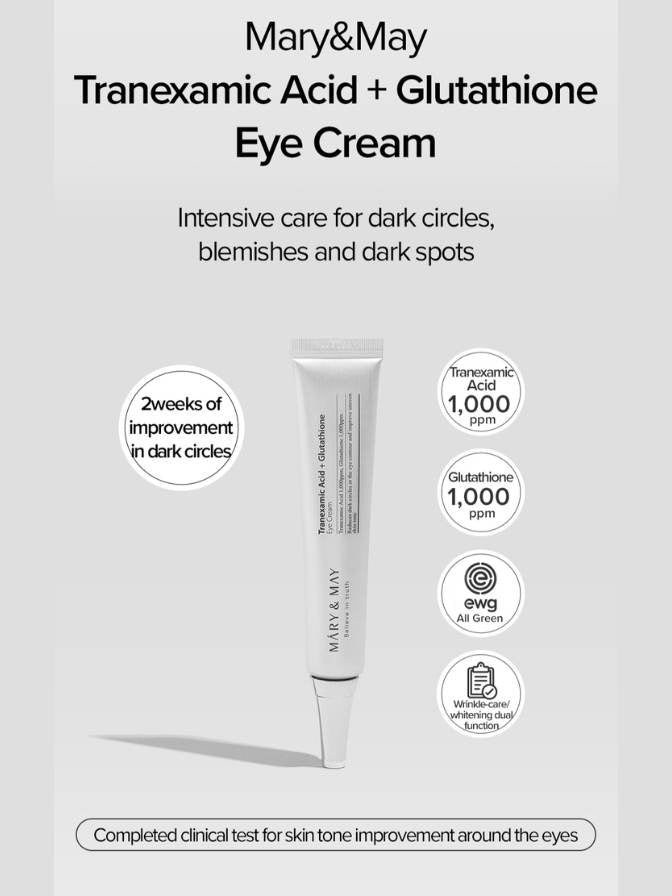 Mary&May Tranexamic Acid + Glutathione Eye Cream packaging on a light gray background