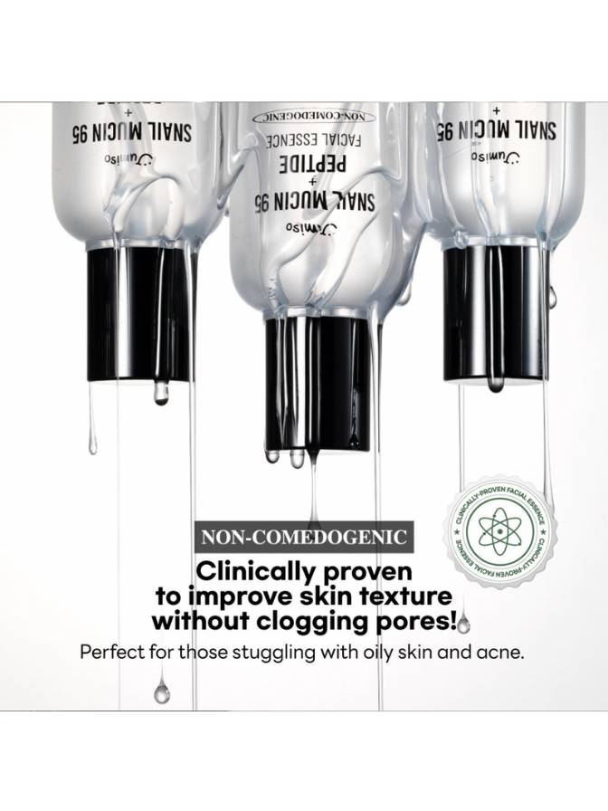 Skincare serum bottles with text highlighting benefits on a white background