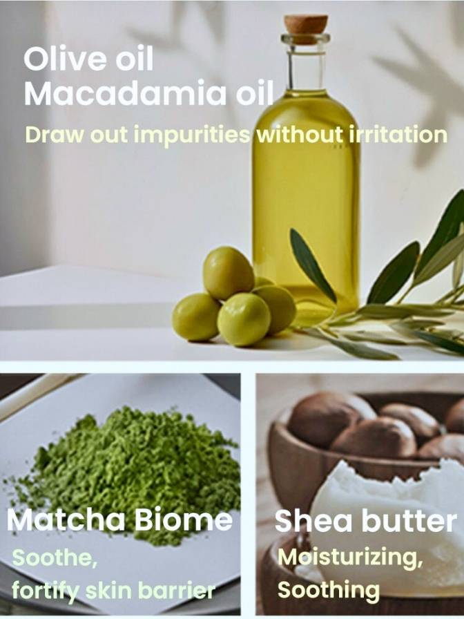 Olive oil, macadamia oil, matcha biome, and shea butter with text describing their benefits.
