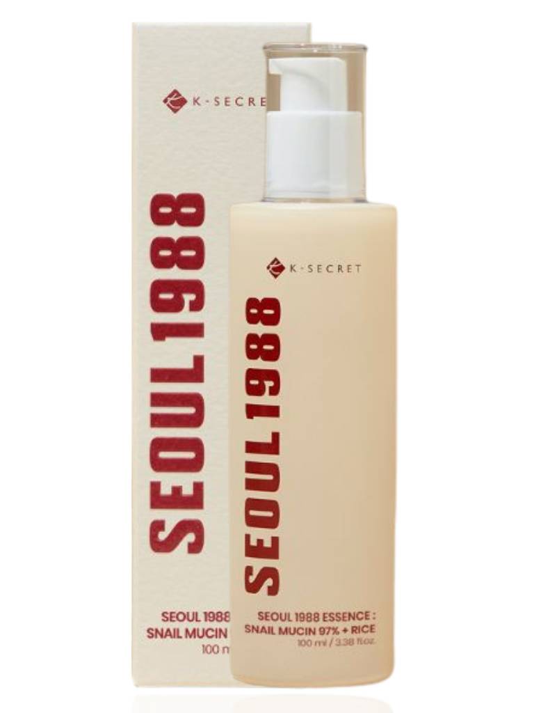 Skincare bottle labeled 'SEOUL 1988' with beige and red design on a white background