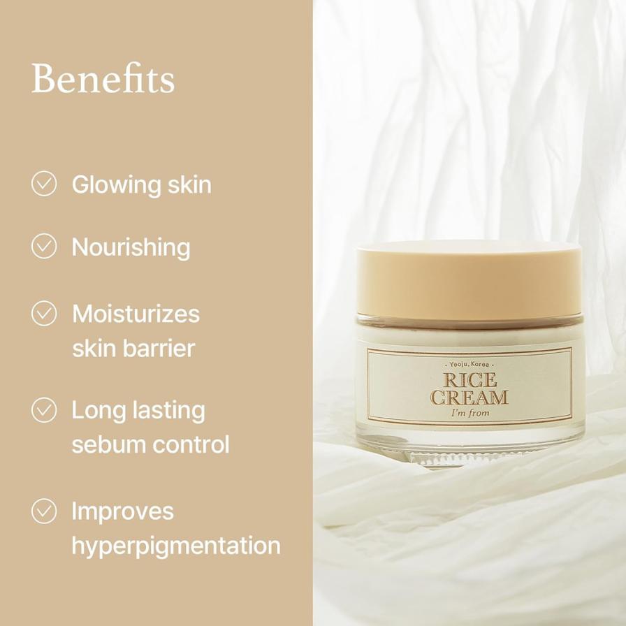 Jar of rice cream with benefits listed on a beige background