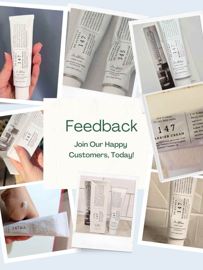 Collage of skincare product images with text inviting feedback from happy customers.