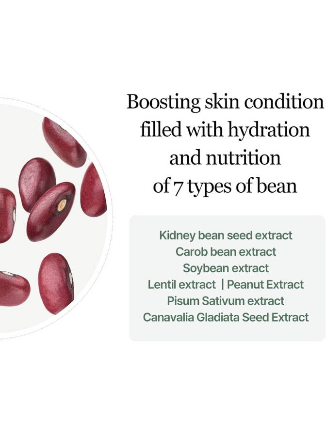 Text about skin condition improvement with bean extracts on a white background