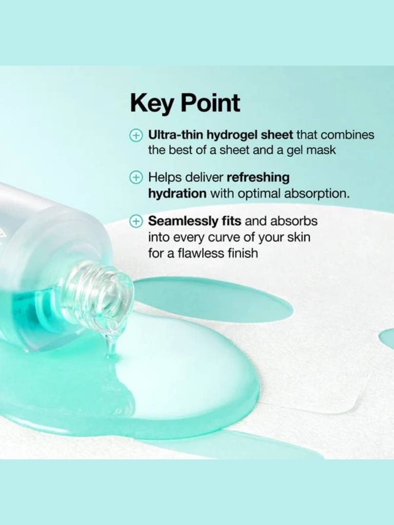 Ultra-thin hydrogel sheet with text highlighting its features on a light blue background