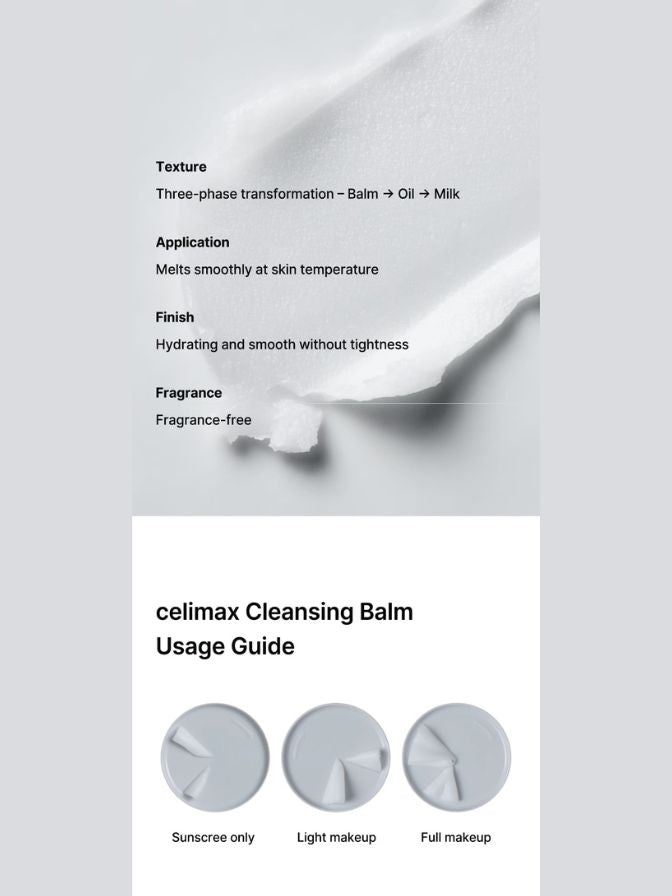 Celimax Cleansing Balm usage guide with product application on a light gray background
