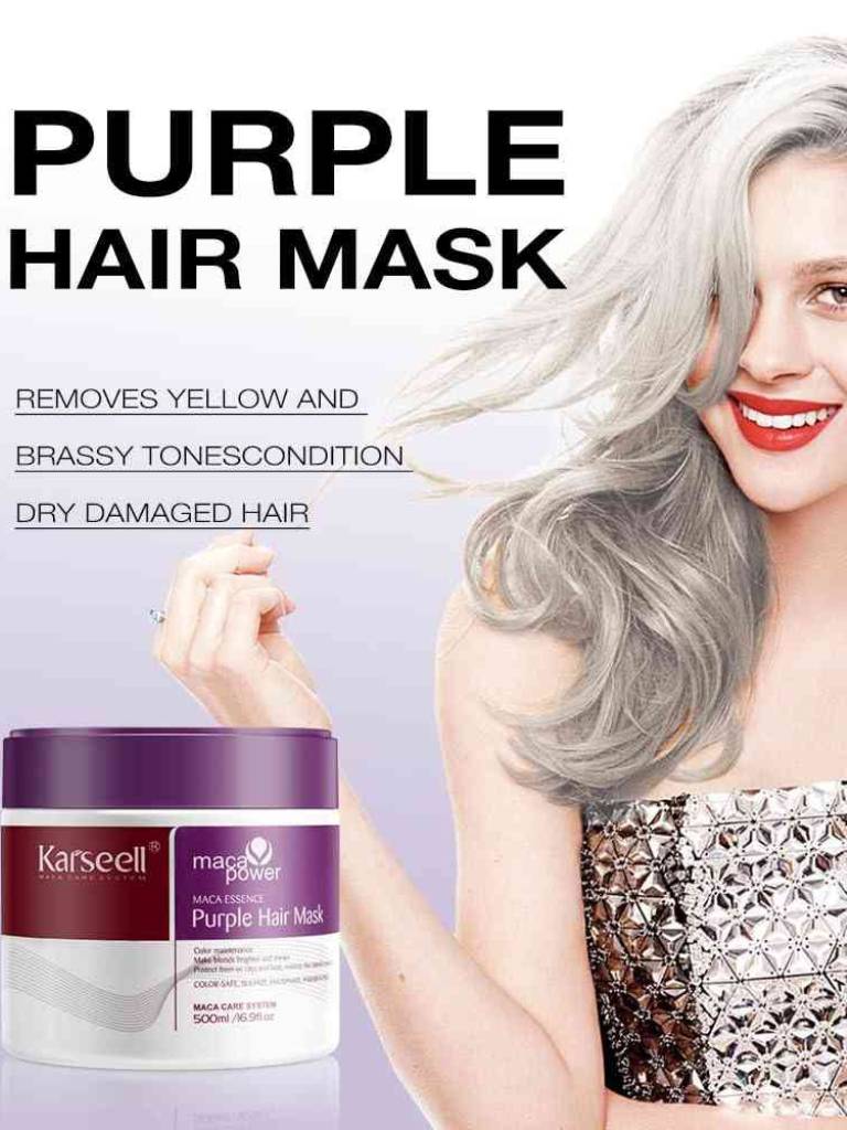 Advertisement for Karseell purple hair mask with a woman displaying silver hair.