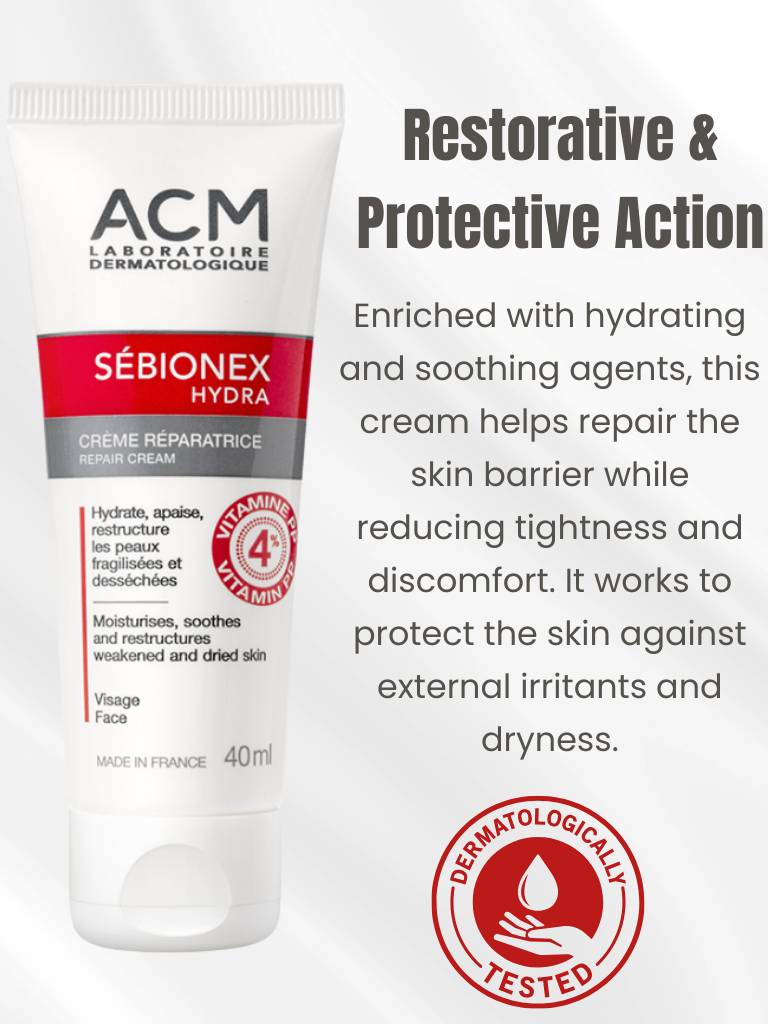 Tube of Sébionex Hydra cream with product description on a white background