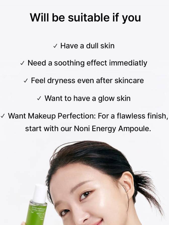 Promotional text for a skincare product with a woman's face andampoule.