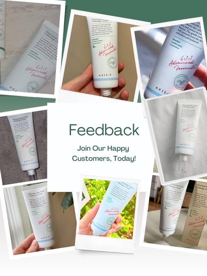 Collage of skincare products with a call to action for feedback.