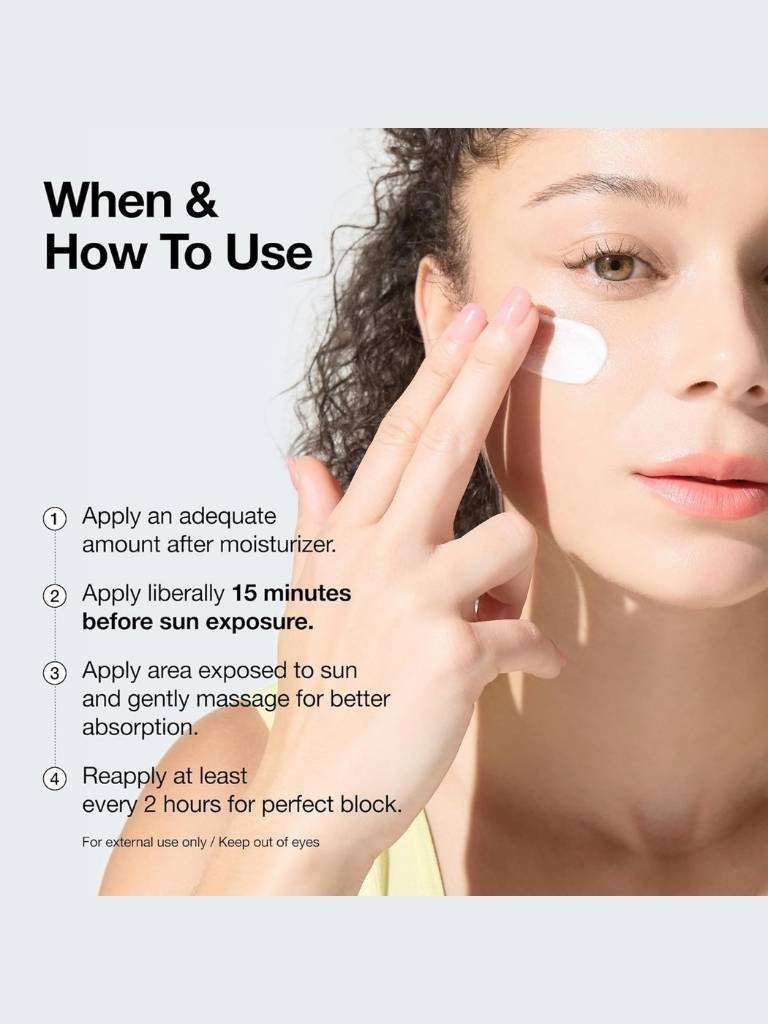 Person applying sunscreen with text on how to use it