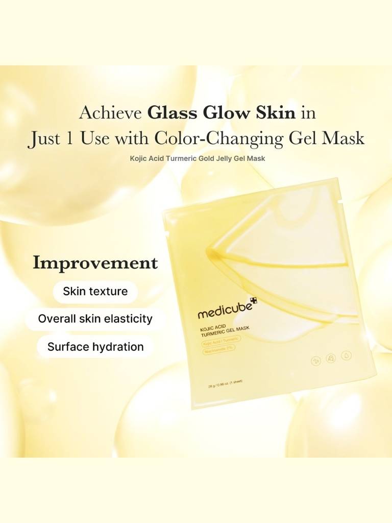 Medicube Kojic Acid Turmeric Gold Jelly Gel Mask packaging with text on glass glow skin improvement.