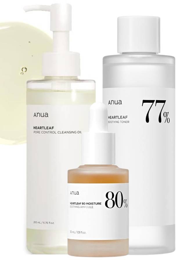 Three skincare products from the brand 'Anua' on a white background