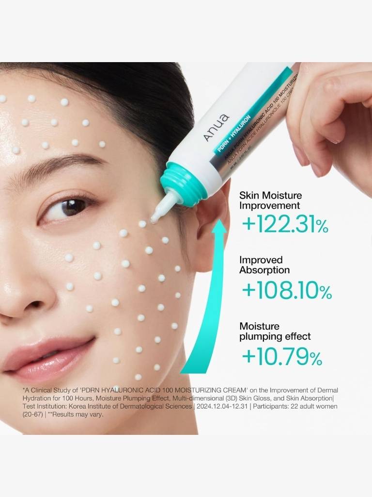 Person applying a skincare product to their face with text highlighting moisture improvement and absorption benefits.