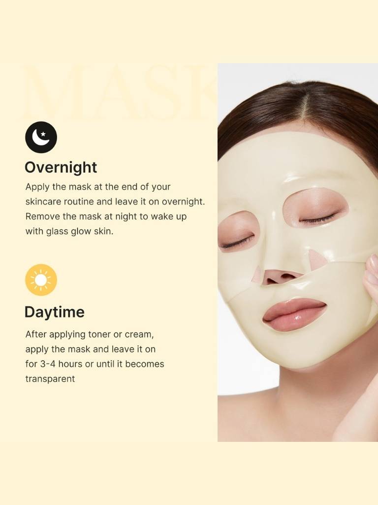 Instructions for using a facial mask with a person wearing it on their face.