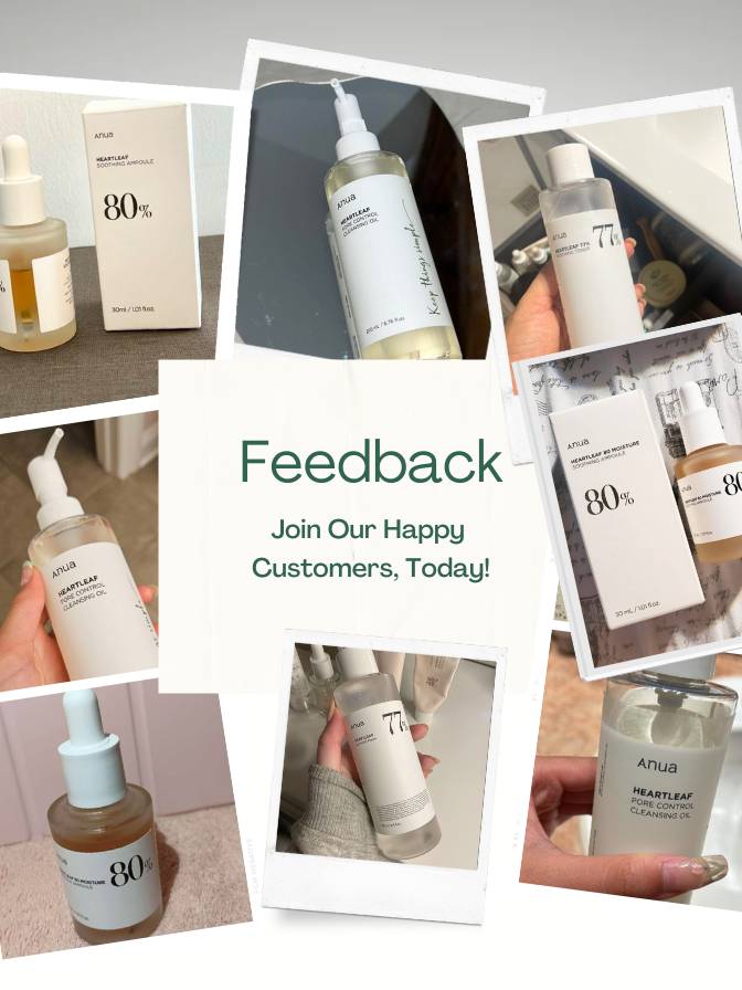 Collage of skincare product images with 'Feedback' text inviting customers to join.