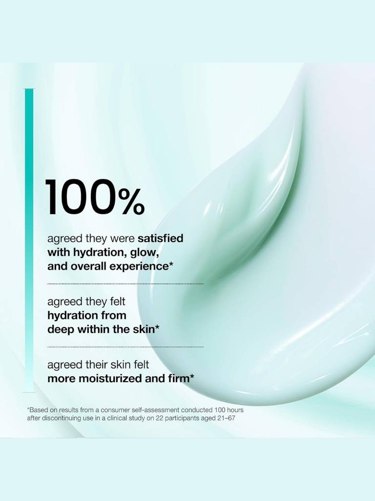 Product packaging with text on hydration and satisfaction, featuring a smooth, light blue texture.