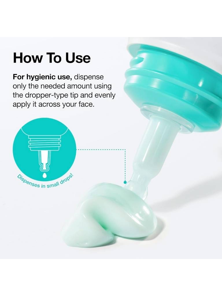 Teal skincare product with instructions on how to use it on a white background
