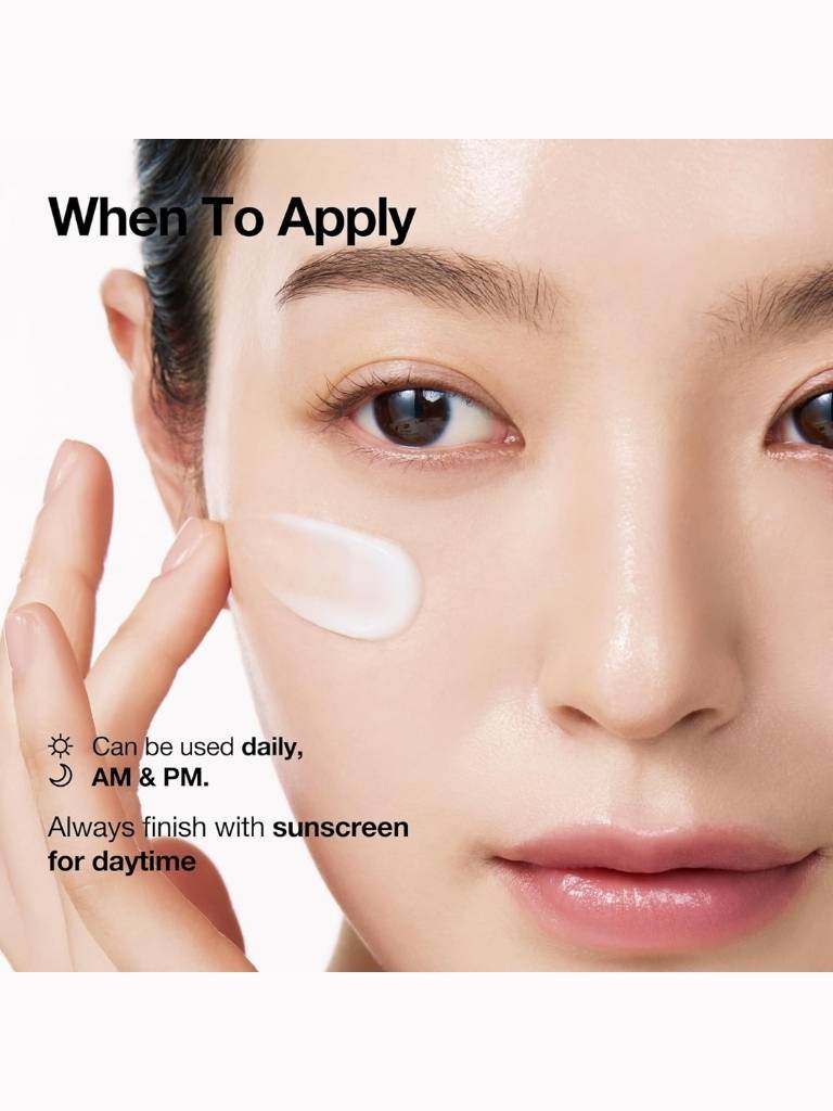 Person applying cream to face with text on usage and application.