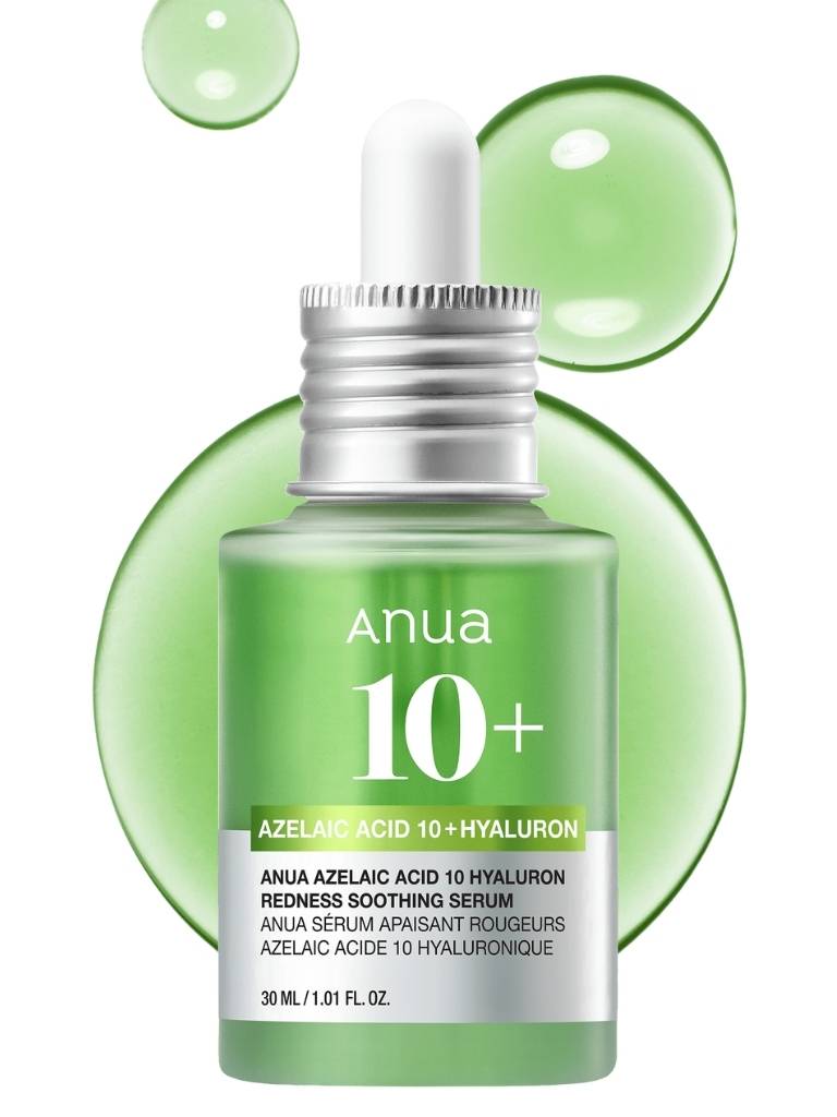 Anua 10+ serum bottle with green bubbles on a white background