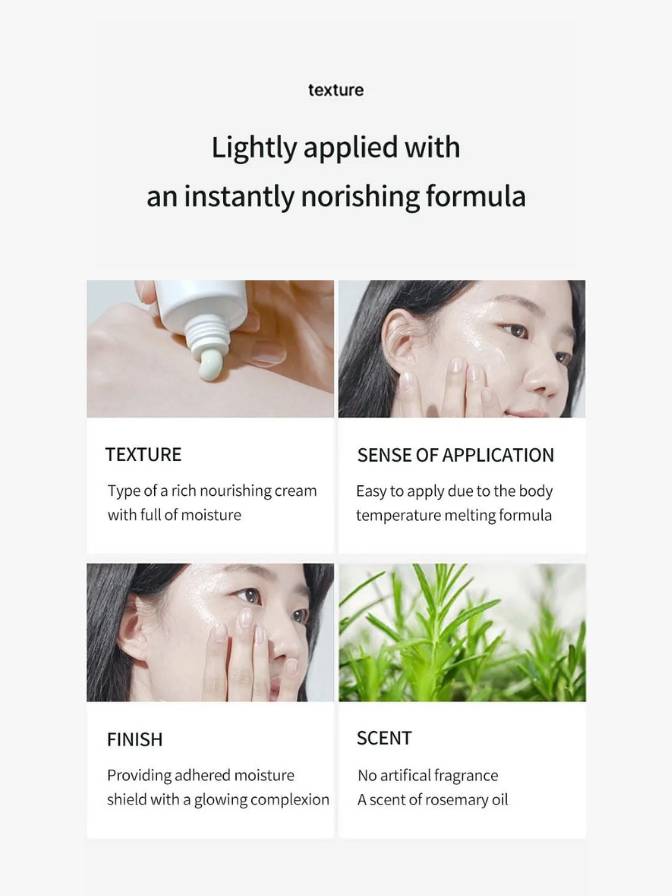 Product description card with text and images of a cream application on skin.