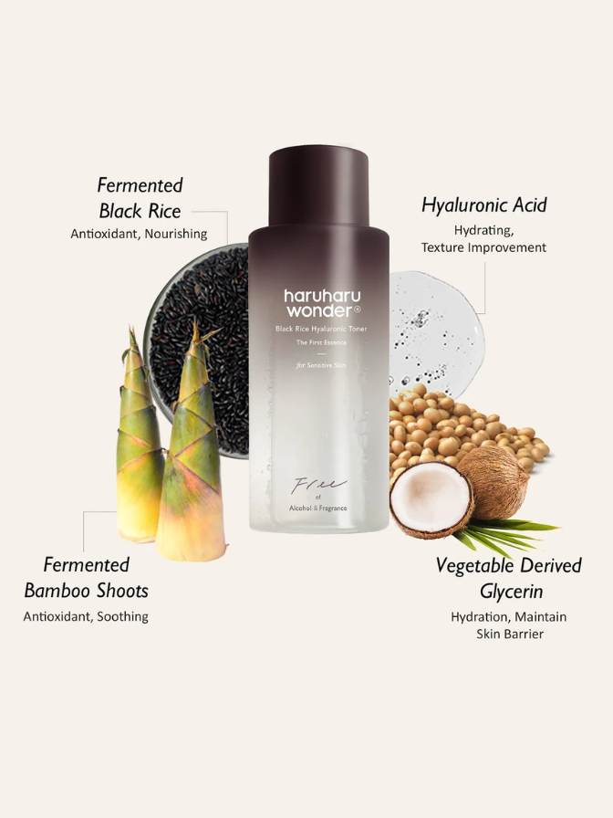 Haruharu Wonder skincare product with ingredients displayed on a white background