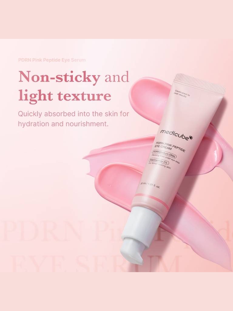 Skincare product with pink background and text highlighting non-sticky texture