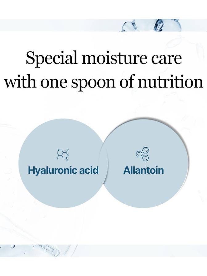 Two blue circles with 'Hyaluronic acid' and 'Allantoin' text on a light blue background.