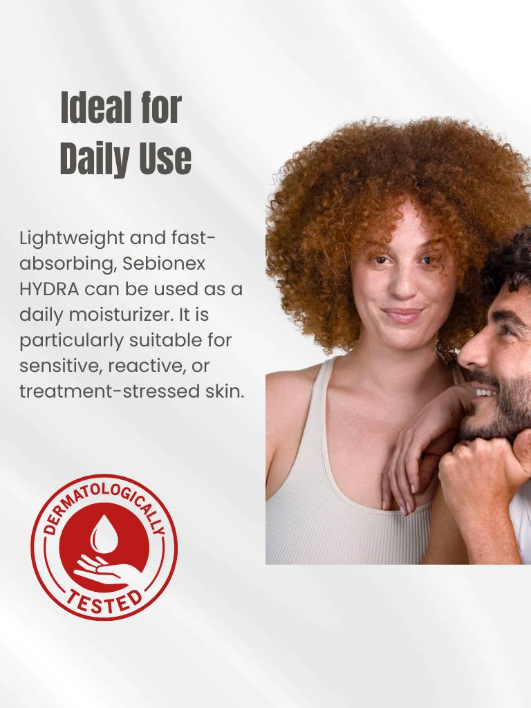 Two people with text about Sebionex HYDRA moisturizer on a white background