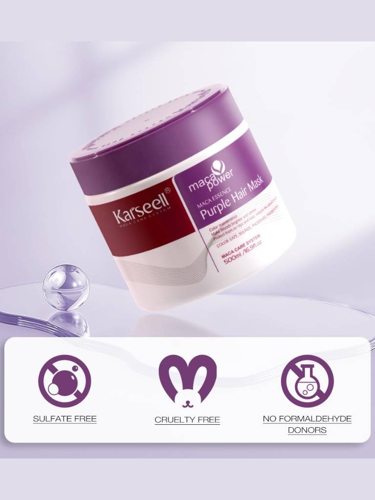 Karseell purple hair mask jar with labels indicating sulfate-free, cruelty-free, and no formaldehyde donors on a light gray background.