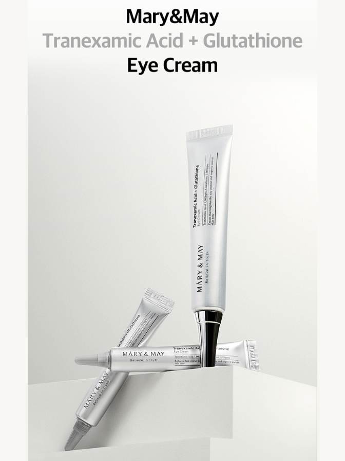 Mary&May eye cream with Tranexamic Acid and Glutathione on a light gray background