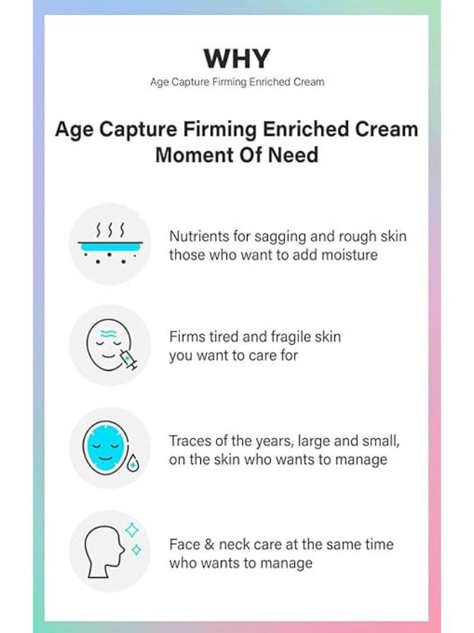 Promotional text for Age Capture Firming Enriched Cream with icons and text on a gradient background.