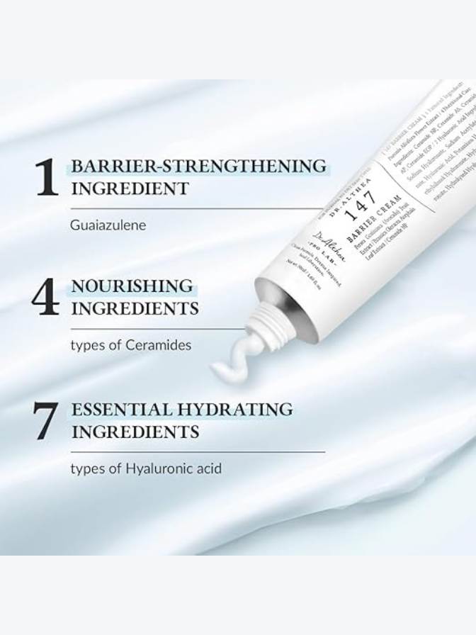 Tube of cream with text detailing ingredients on a light blue background