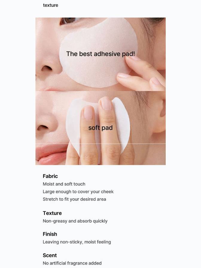 Product advertisement for adhesive pads on a person's face with text highlighting features.