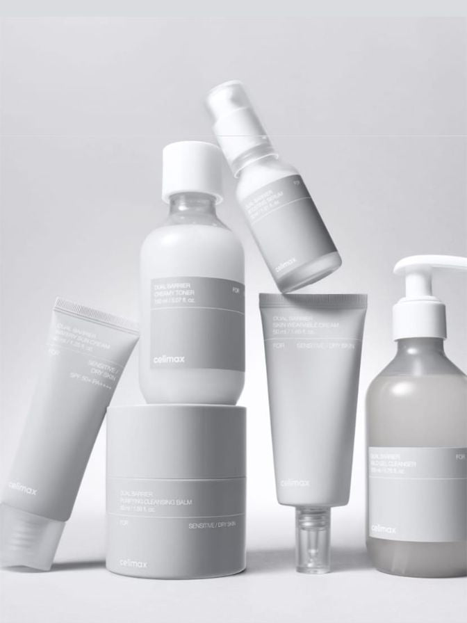 Set of skincare products on a light gray background