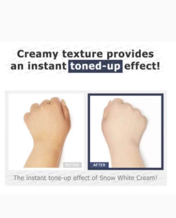 Advertisement showing a hand with text about a creamy texture providing an instant toned-up effect.