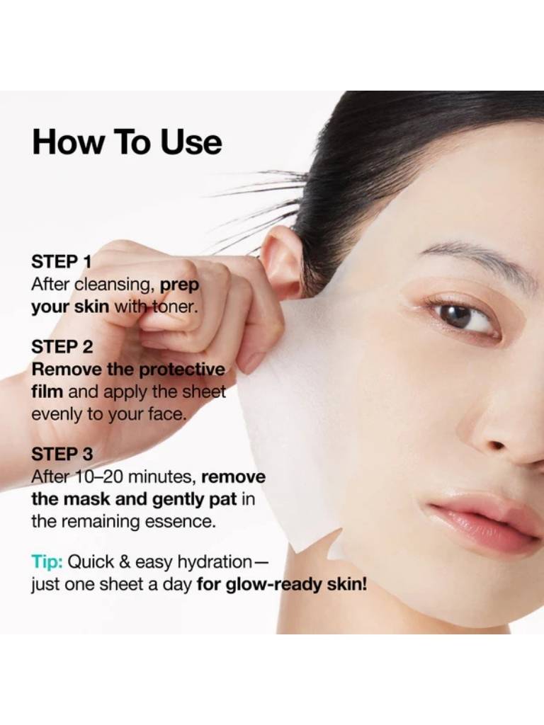 Instructions on how to use a sheet mask with a close-up of a person applying it.
