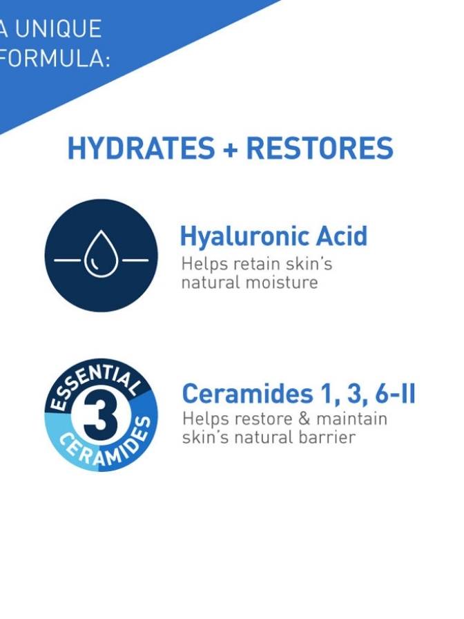 Skincare product description with hyaluronic acid and ceramides on a white background