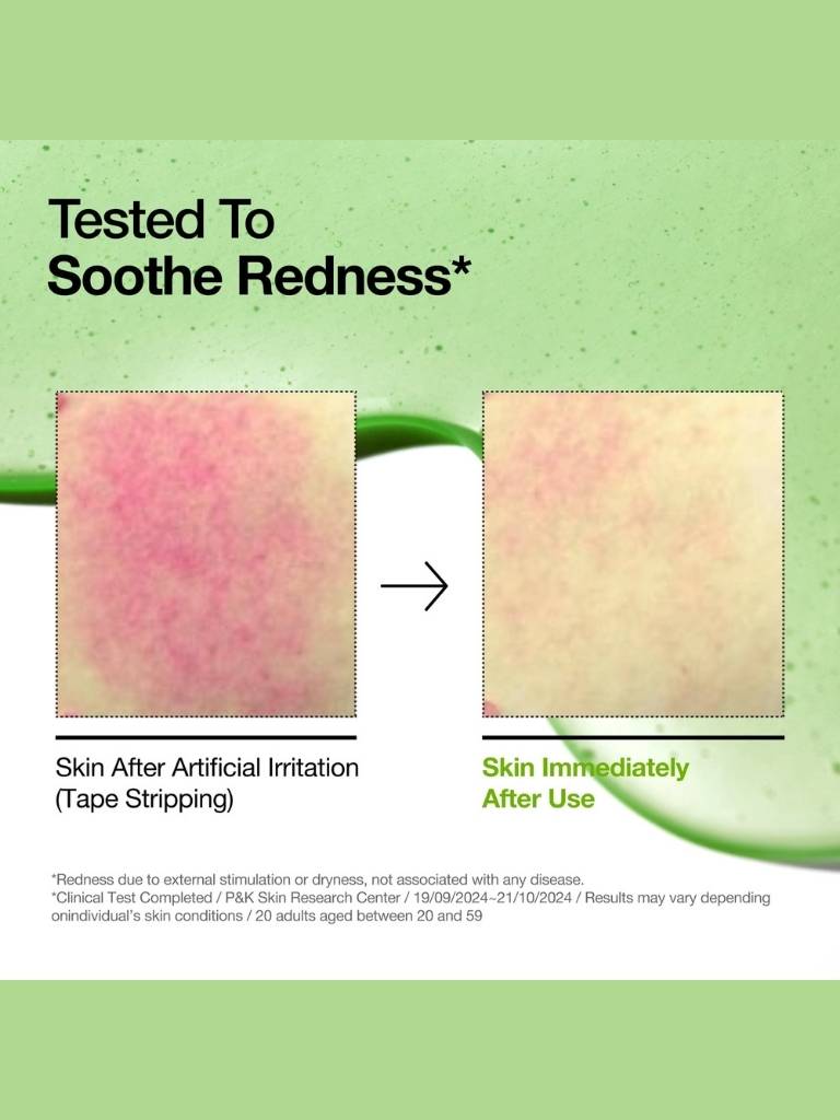 Product packaging with text 'Tested To Soothe Redness*' and before-and-after images of skin.