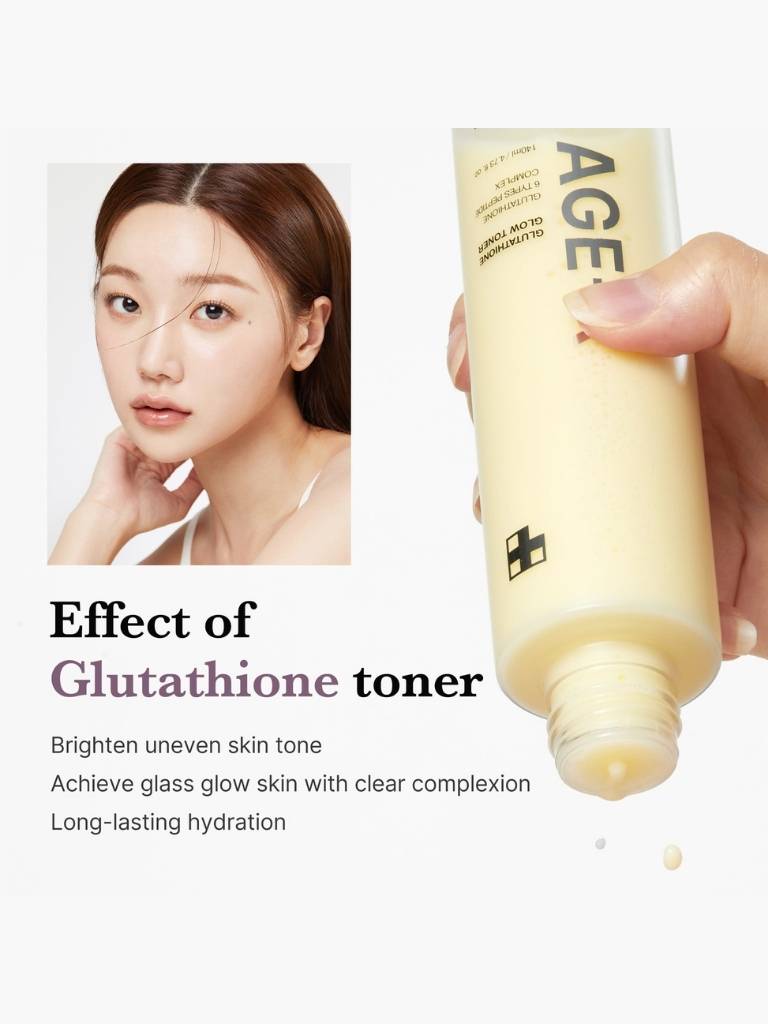 Glutathione toner bottle with a woman's face showing before and after effects on a white background